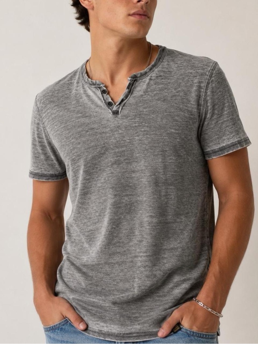 Lucky Brand Gray Acid Wash Short Sleeve Henley T-Shirt